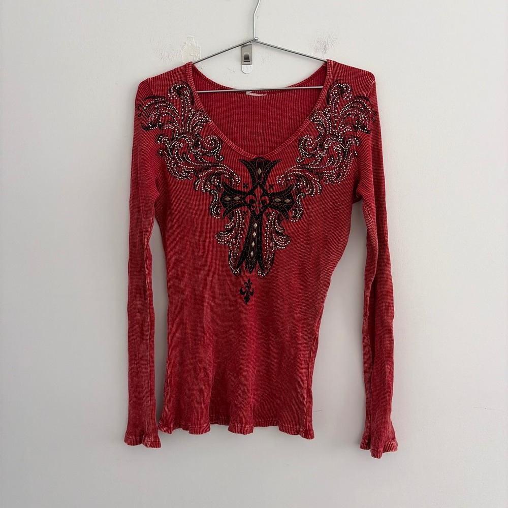 Vocal Red Thermal Long Sleeve Rhinestone Cross Graphic Top Women Small
